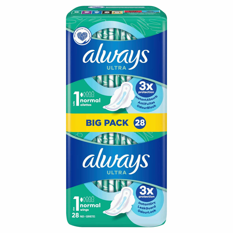 Always Ultra Normal (Size 1) Sanitary Pads Towels with Wings, 28 per Pack (Pack of 3) - 84 Pads in Total - BeesActive Australia