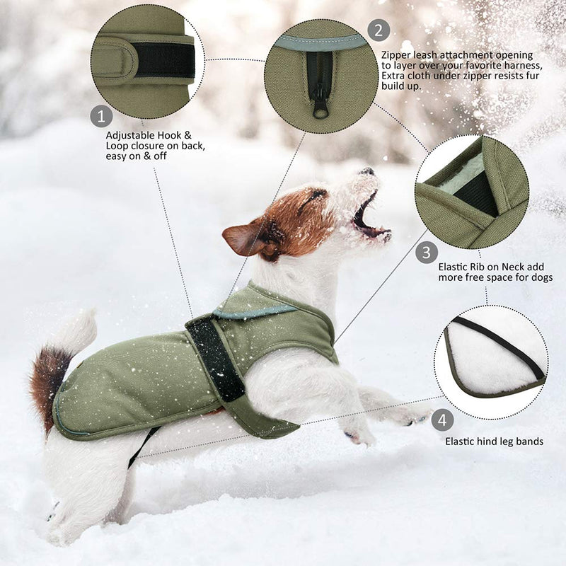 Kuoser Canvas Cold Weather Dog Coat for Winter, Reflective Dog Warm Fleece Jacket Water Repellent Windproof Dog Vest for Small Medium Large Dogs with Zipper Leash Hole XS-3XL X-Large (Pack of 1) Army Green - BeesActive Australia