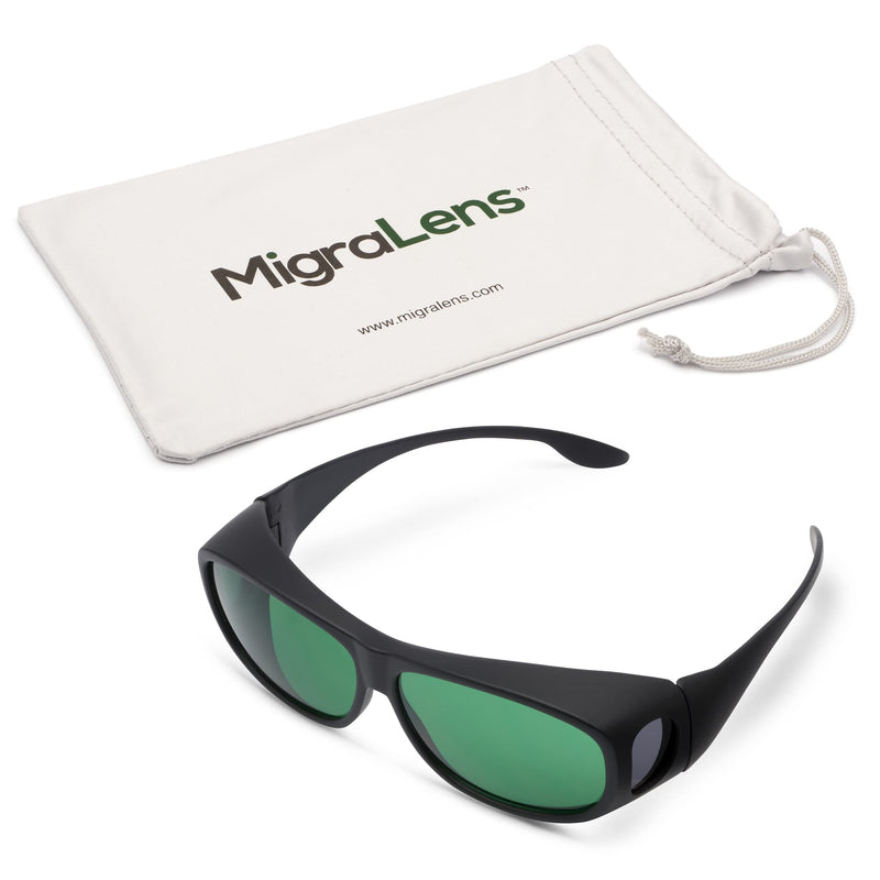 MigraLens OverView Fit-Over Glasses for Migraine Relief | Medium Size | Outdoors and Computer Screens | Unisex | Green Lenses | Black - BeesActive Australia