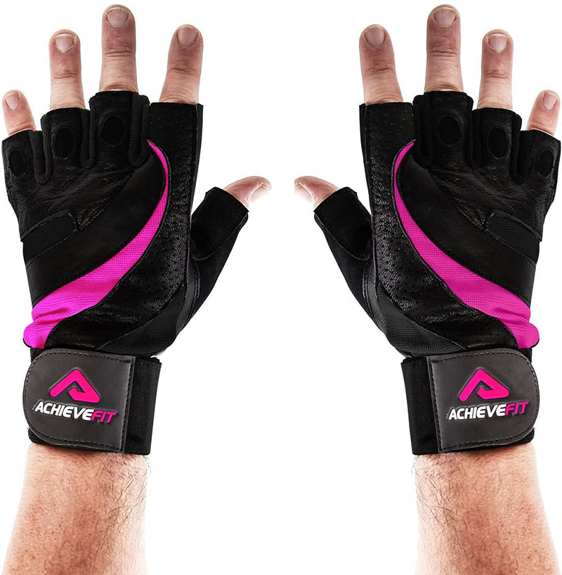 ACHIEVE FIT Weightlifting Gloves - Leather Palm for Fitness savvy Men & Women Firm Grip, Control & Comfort for Weight Lifting, Crossfit Training, Gym Workout (Pair) Large, With Wrist Support Black/Pink - BeesActive Australia