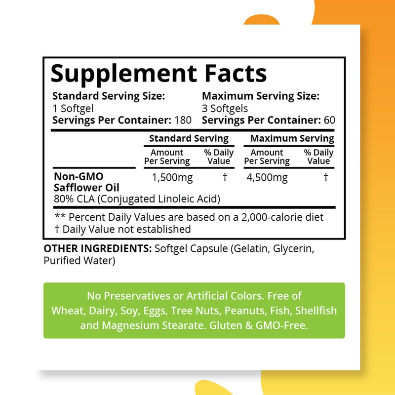 Purity Labs CLA Supplements 4500MG - Non-GMO Safflower Oil - Supports Energy, Weight Loss, Heart Health, and Muscle Health - 180 Soft gels - BeesActive Australia