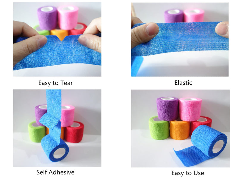 Transun Moo 6 Pack 2" x 5 Yards Self Adhesive Bandage Wrap Breathable Cohesive Vet Wrap for Pets, Elastic Self-Adherent Tape for Sports, Wrist, Ankle ( Mixed Colors) 2 Inch (Pack of 6) - BeesActive Australia