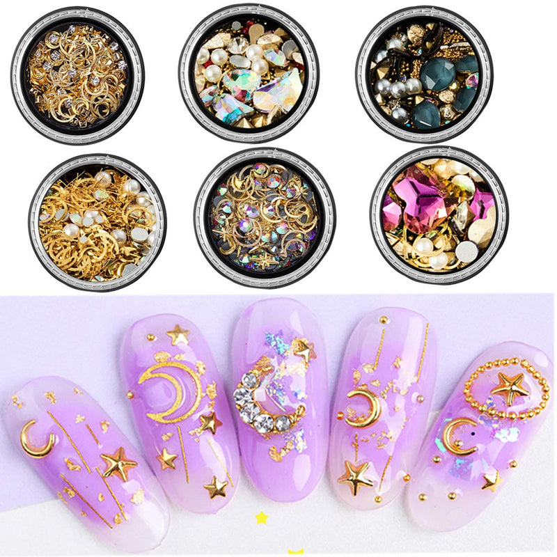 6 Boxes 3D Mix-shape Metal Nail Studs Big Gem Pearls Nail Art Rhinestone Nail Rivet Stars Moons Diamonds Jewels Decoration Kit for Women Manicure Wraps Fingernail Tips Accessories - BeesActive Australia