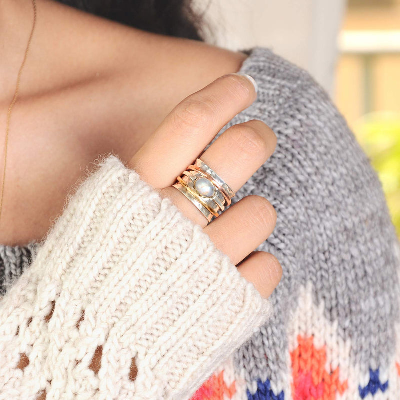 Boho-Magic 925 Sterling Silver Spinner Moonstone Ring for Women with Copper and Brass Fidget Rings Bands 6 - BeesActive Australia