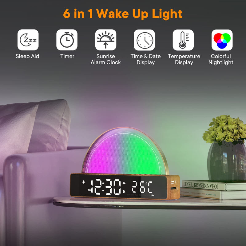 AFEXOA Sunrise Alarm Clock, Wake Up Light with Sunrise Simulation, White Noise Machine, Touch Control Bedside Lamps Dimmable Multicolor Night Light, 10 Nature Sounds, Snooze/Timer/Temperature Display Wooden - BeesActive Australia