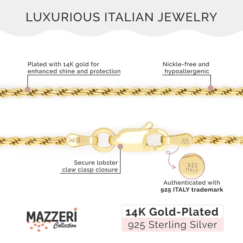 MAZZERI Solid Gold Plated Sterling Silver Italian 1.3mm & 1.6mm Diamond-Cut Braided Rope Chain Necklace for Men Women, 925 Sterling Silver Made in Italy 18.0 Inches - BeesActive Australia