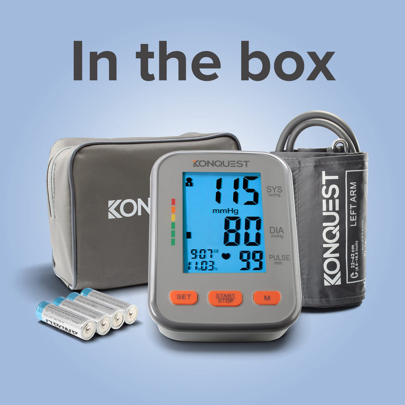 Konquest KBP-2704A Automatic Upper Arm Blood Pressure Monitor - Adjustable Cuff - Large Backlit Display - Irregular Heartbeat Detector - Tensiometro Digital… Gray - BeesActive Australia