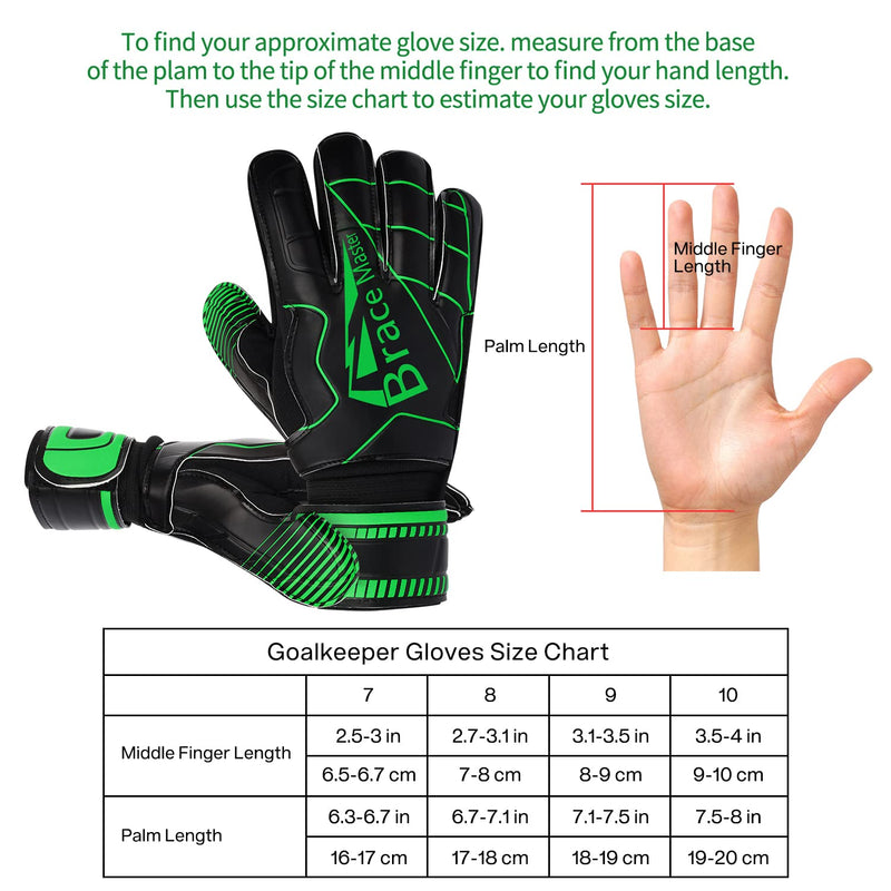 Brace Master Goalie Gloves for Youth & Adult, Goalkeeper Gloves Kids with Finger Support, Soccer Gloves for Men and Women, Junior Keeper Football Gloves for Training and Match 10 Black-Green - BeesActive Australia