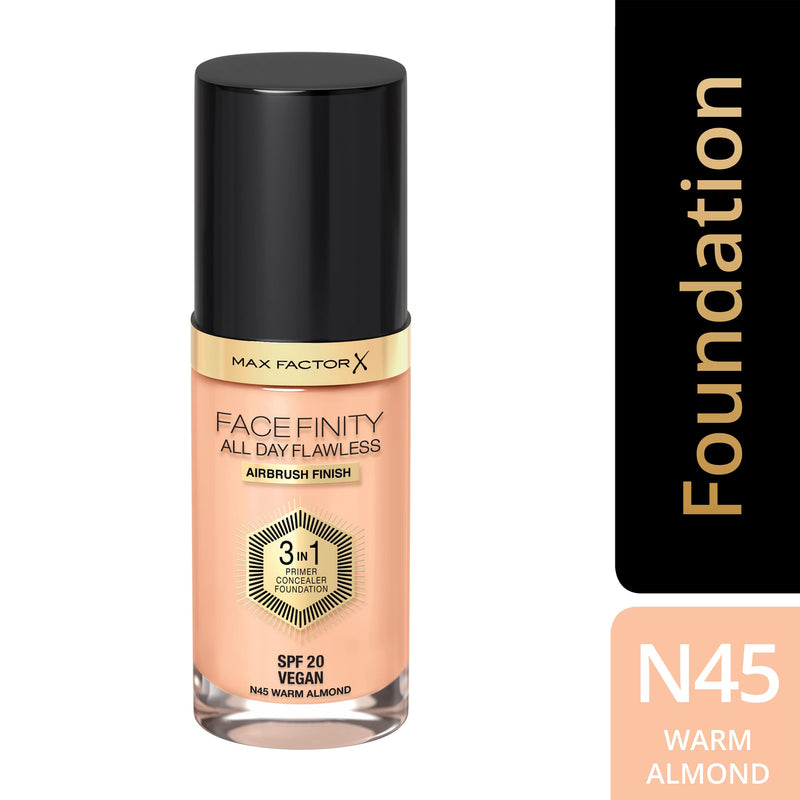 Max Factor Facefinity 3-in-1 All Day Flawless Liquid Foundation, SPF 20 - 45 Warm Almond, 30 ml - BeesActive Australia