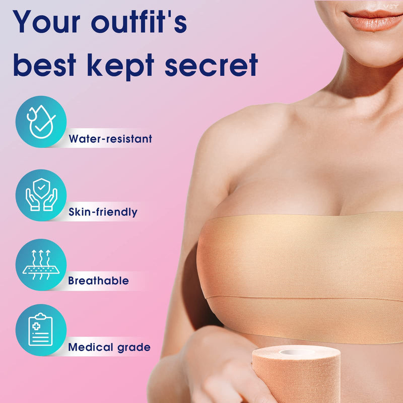 VBT Boob Tape - Breast Lift Tape, Body Tape for Breast Lift w 2 Pcs Silicone Breast Reusable Adhesive Bra, Bob Tape for Large Breasts A-G Cup, Nude Beige 2 inch - BeesActive Australia