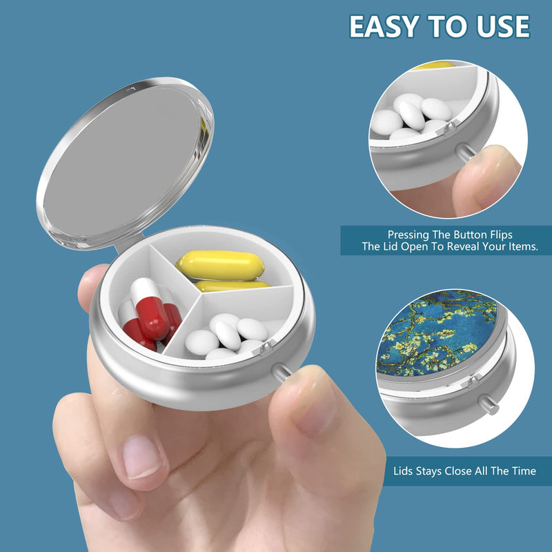 Pill Box 3 Compartment Medicine Pill Case,Portable Pill Box for Pocket or Purse Pill Box Decorative Metal Medicine Vitamin Organizer Unique Gift(Van Gogh Almond Blossom) 1 Piece 1-van Gogh Almond Blossom - BeesActive Australia
