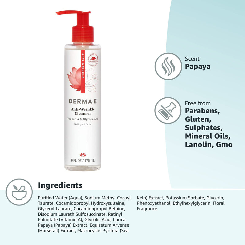 DERMA-E Anti-Wrinkle Cleanser – Anti-Aging Face Wash with Glycolic Acid and Vitamin A – Gentle Cleansing and Exfoliating Facial Wash Removes Makeup, Oil and Impurities, 6 oz - BeesActive Australia