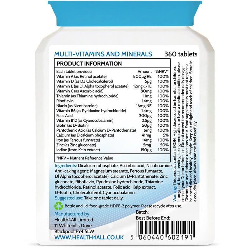 Multivitamins & Minerals One a Day 360 Tablets 100% RDA. Made by Health4All 360 Count (Pack of 1) - BeesActive Australia