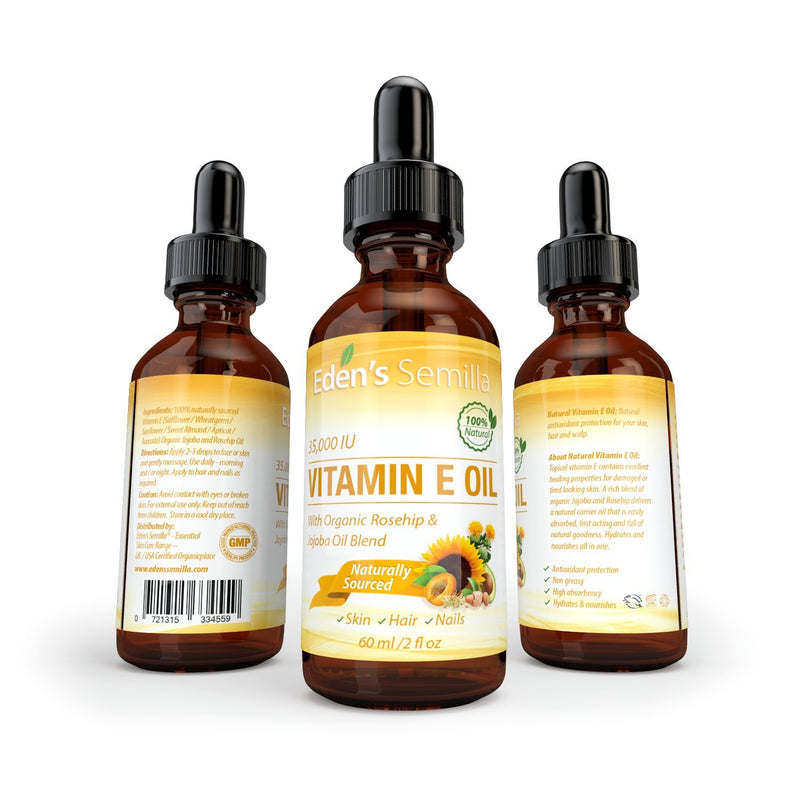100% Plant Extract Vitamin E Oil 35,000 IU + Organic Rosehip & Jojoba Blend - 2 OZ Bottle. FAST Absorbing Skin Protection For Face & Body. Pure Ingredients - Ideal For Sensitive Skin - Use Daily 2 Fl Oz (Pack of 1) - BeesActive Australia
