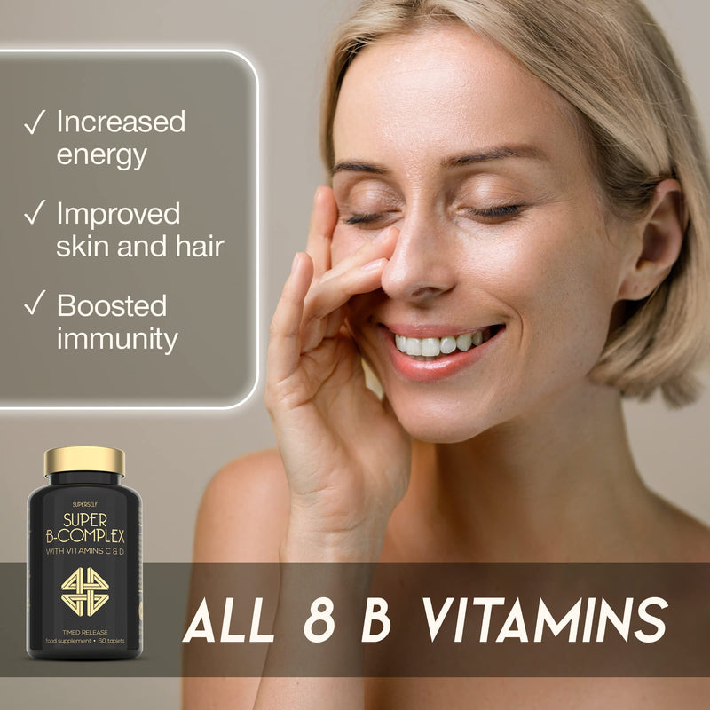 Vitamin B Complex High Strength - Slow Release Super B Complex 60 Tablets - Enriched with Vitamins D & C - Complete Vit B Supplement All 8 Vitamin B12, B6, Folic Acid, Biotin, B1, B2, B3, B5 - UK Made - BeesActive Australia