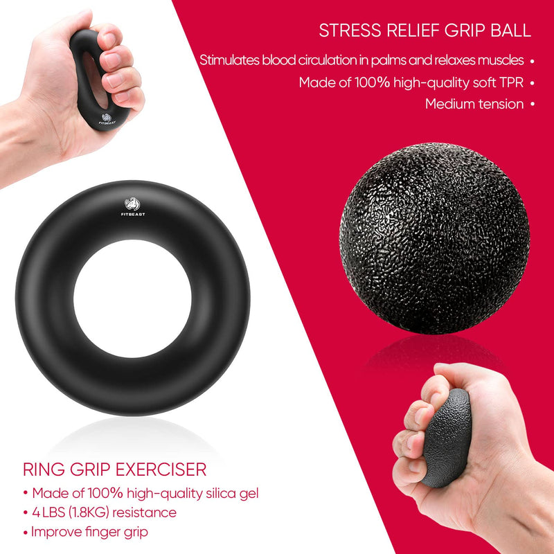 FitBeast Hand Grip Strengthener Workout Kit (5 Pack) Forearm Grip Adjustable Resistance Hand Gripper, Finger Exerciser, Finger Stretcher, Grip Ring & Stress Relief Grip Ball for Athletes Black - BeesActive Australia