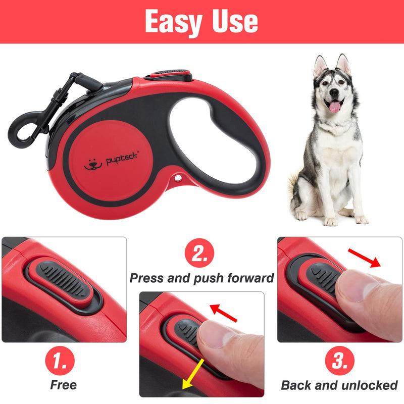 PUPTECK Retractable Dog Leash - Reflective Pet Walking Leash up to 110lbs for Small Medium Large Dogs, Heavy Duty 16ft 360-Degree Tangle-Free Lead, One-Hand Brake Red Chew Proof - BeesActive Australia