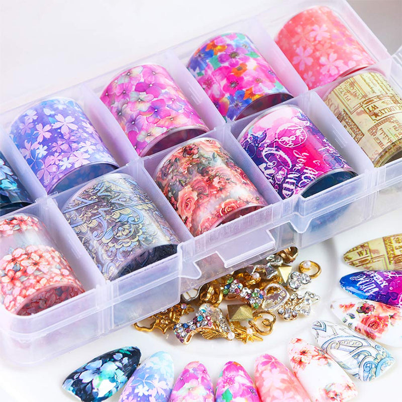 Nail Foil Transfer Stickers Nail Art Supplies 10 Rolls Flowers Nail Foils Transfer Retro Bloom Floral Starry Sky Nail Decals Manicure Tips Wraps for Women Fingernails Toenails Decorations - BeesActive Australia