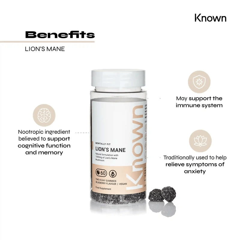 Vegan 1,000mg Lion�s Mane Mushroom Gummies by Known | Nootropic Support for Cognition, Mood, Immunity & Inflammation | Delicious Blueberry Flavour | 60 Two-a-Day Gummies (One Month�s Supply) Pack of 1 - BeesActive Australia