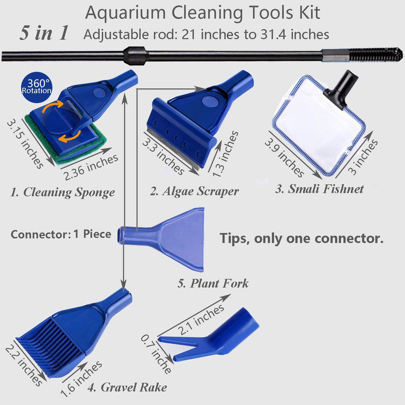 JZMYXA Aquarium Cleaning Tools Kit 5 in 1 Function for Long Deep Fish Tank, Adjustable Length Rod, Including Algae Scrape, Cleaning Sponge, 3.9" Small Fishnet, Gravel Rake, Plant Fork - BeesActive Australia