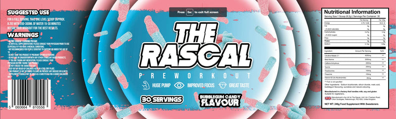 The Rascal - High Stimulant Pre Workout | Great Tasting | 246g | 30 Servings | 3 Flavours (Bubblegum Candy) - BeesActive Australia