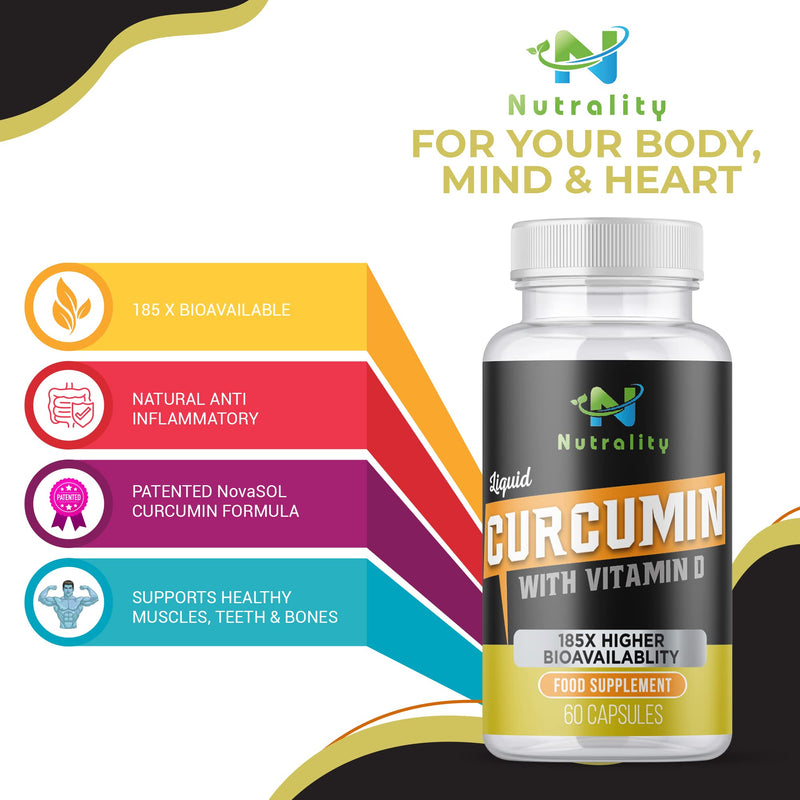 Nutrality Liquid Turmeric Curcumin Supplement, 1000mg per Serving, NovaSOL Extra Strength and Bioavailable Natural Anti-Inflammatory with Vitamin D3 - BeesActive Australia