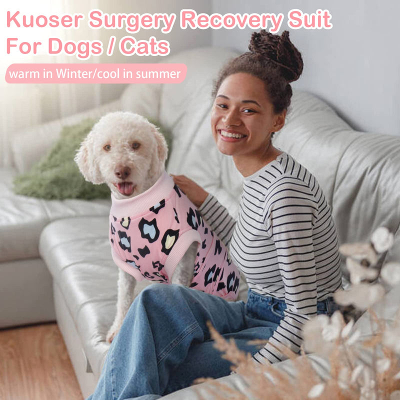 Kuoser Surgical Recovery Suit for Dogs Cats, Pet Leopard Printed Recovery Shirt After Surgery for Abdominal Wounds, Cone E-Collar Alternative Spay Bandages Onesie, Dog Anti Licking Snugly Suit Small (Back: 11.4" - 13.4"; Weight: 7 - 15LB) Pink - BeesActive Australia