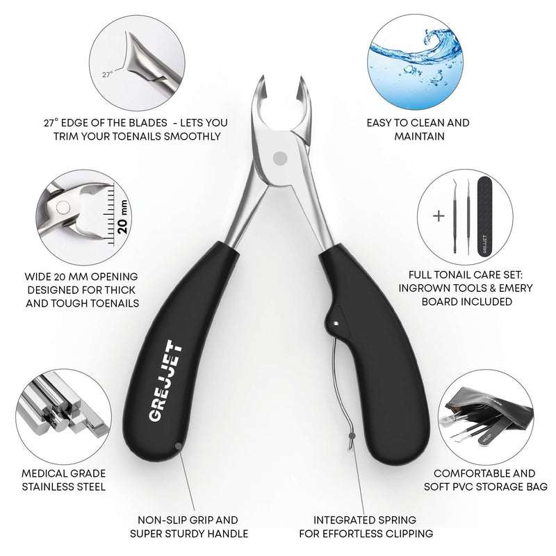 GREJJET Professional Grade Toe Nail Clippers Set – Toe Nail Clipper for Ingrown or Thick Toenails – Ingrown Toenail Tool, Lifter, Emery Board, PVC Bag, and Gift Box - Sharp Blades - BeesActive Australia