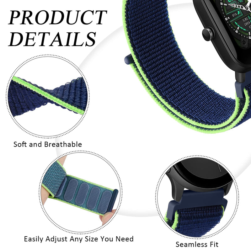 2 Pack Nylon Bands for Amazfit GTS / GTS2 / GTS 2e / GTS 2 mini, 20mm Quick Release Soft Breathable Sport Replacement Watch Strap for Amazfit Bip U Pro/Bip/Bip Lite/Bip S/Bip S lite/Bip U (Black+Neon Lime) Black+Neon Lime - BeesActive Australia