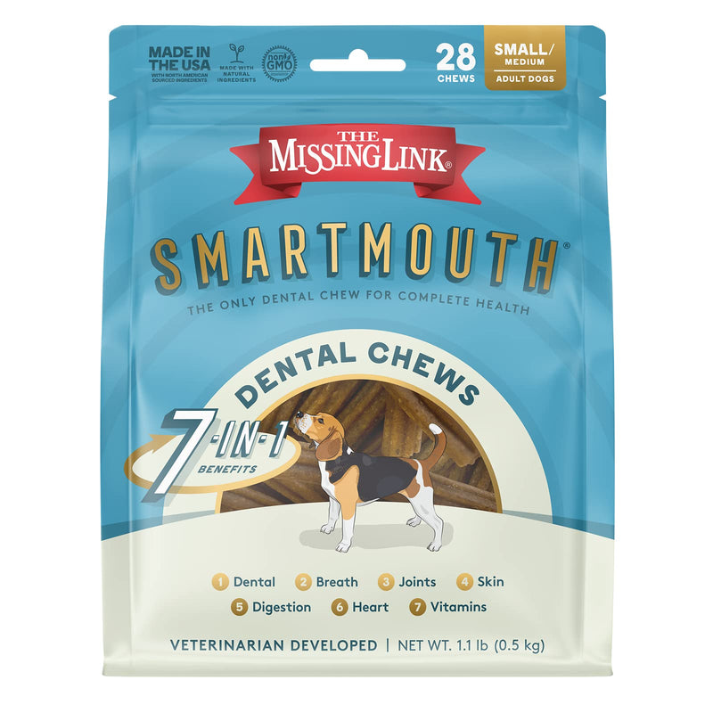 The Missing Link Smartmouth Vet Developed Dental Chew Treats, 7-in-1 Benefits: Healthy Teeth & Gums, Breath, Skin, Joints, Digestion, Heart, Immune System – Small/Medium 15-50lb Dogs 28 Count (Pack of 1) - BeesActive Australia