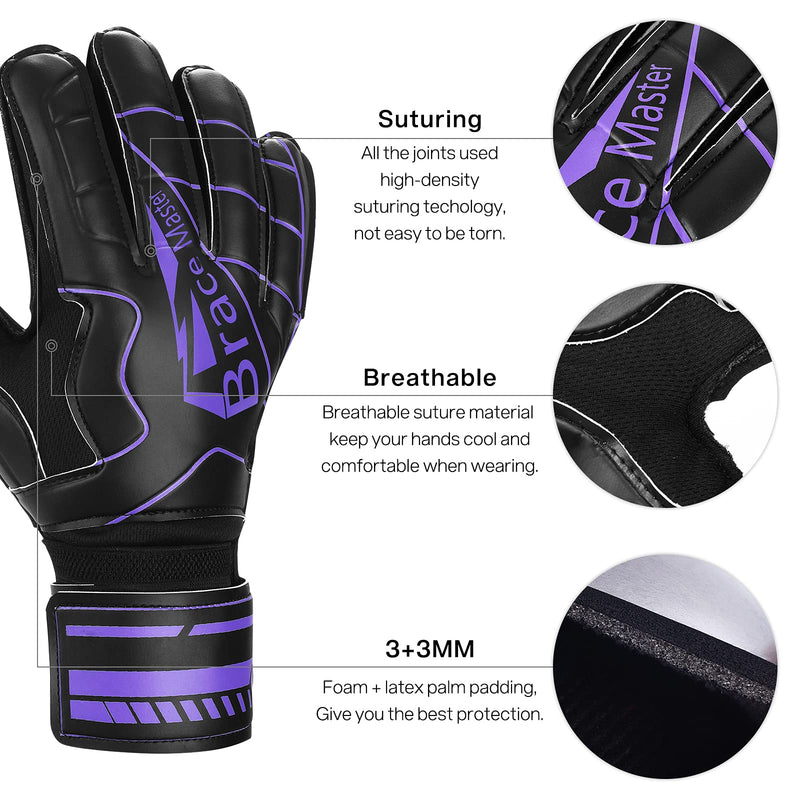 Goalie Gloves for Youth & Adult, Goalkeeper Gloves Kids with Finger Support, Black Latex Soccer Gloves for Men and Women, Junior Keeper Football Gloves for Training and Match, Size 7/8/9/10/11 Purple+Black - BeesActive Australia