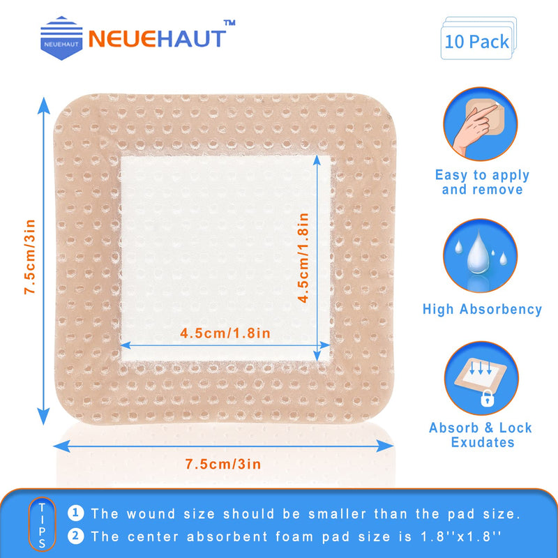 Silicone Adhesive Foam Dressing with Gentle Border 3''x3'', Bed Sore Pressure Ulcer Leg Ulcer Silicone Wound Bandage, High Absorbency Waterproof, 10 Pack by NeueHaut - BeesActive Australia