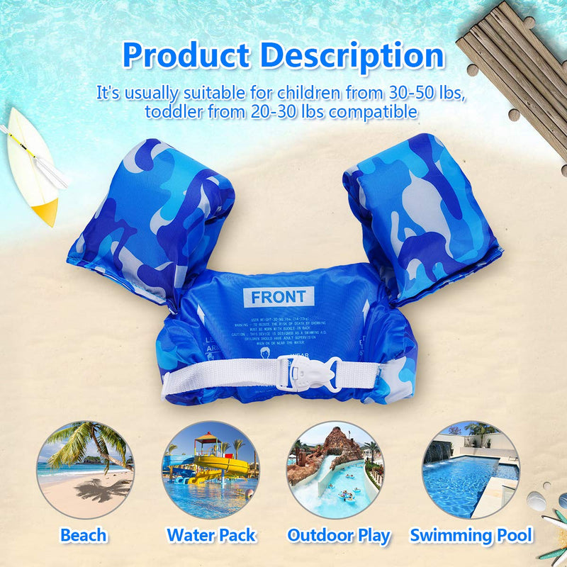 AmazeFan Kids Swim Life Jacket Vest for Swimming Pool, Swim Aid Floats with Waterproof Phone Pouch and Storage Bag,Suitable for 30-50 lbs Infant/Baby/Toddler,Children Puddle/Sea Beach Jumper Blue Camo - BeesActive Australia