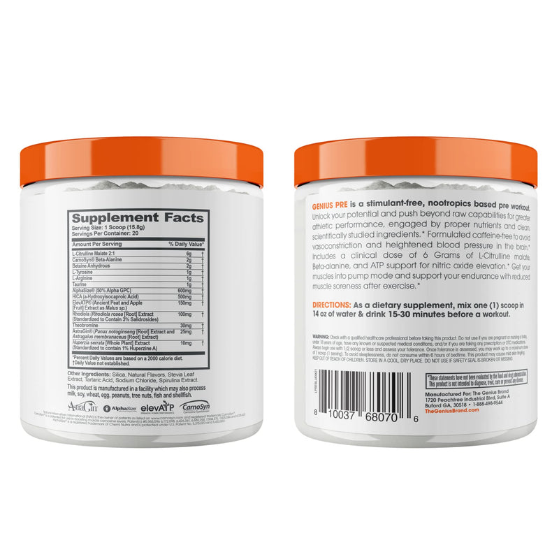 Genius Pre Workout Powder, Blue Raspberry - All-Natural Nootropic Pre-workout & Caffeine-Free Nitric Oxide Booster Supplement with Beta Alanine & Alpha GPC - No Artificial Flavors, Sweeteners, or Dyes - BeesActive Australia