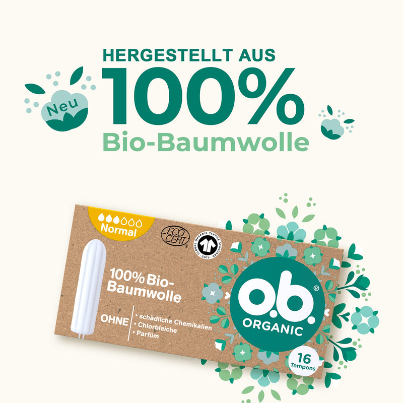 o.b. Organic Normal, Organic Tampons for Medium to Strong Days, Made from 100% Organic Cotton for Natural Protection (1 x 16 Pieces),Brown,30360 - BeesActive Australia