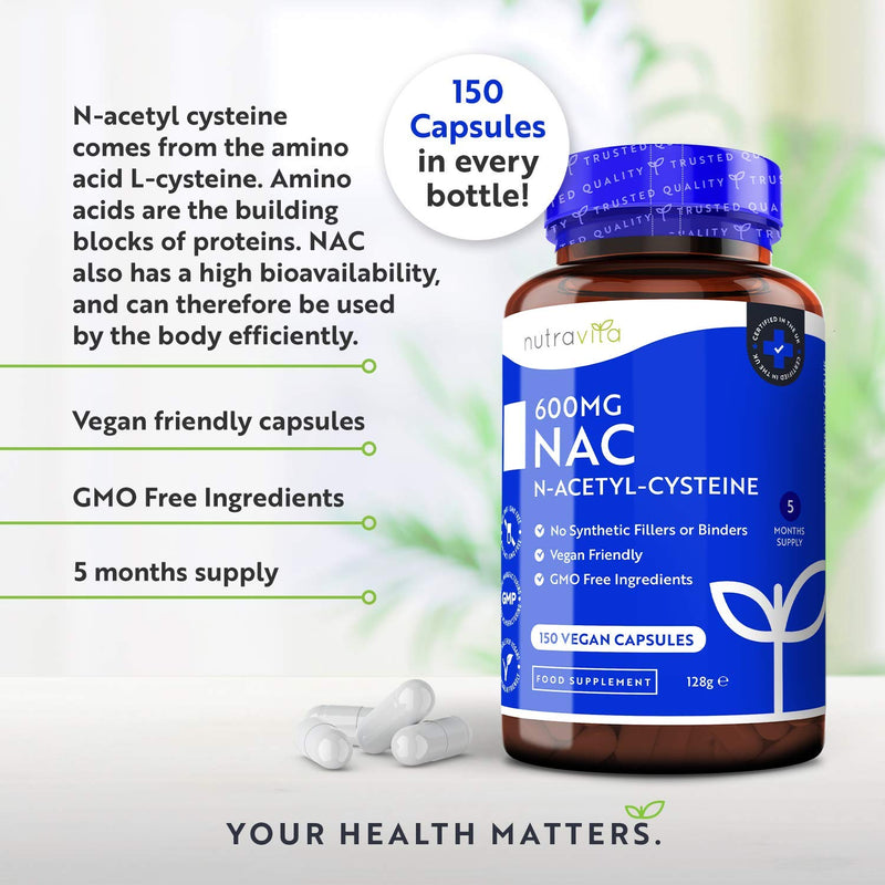 NAC N-Acetyl-Cysteine 600mg – 150 Vegan Capsules – 5 Months Supply of NAC Supplement – High Bioavailability and No Fillers or Binders - N Acetyl Cysteine Amino Acid – Made in The UK by Nutravita - BeesActive Australia