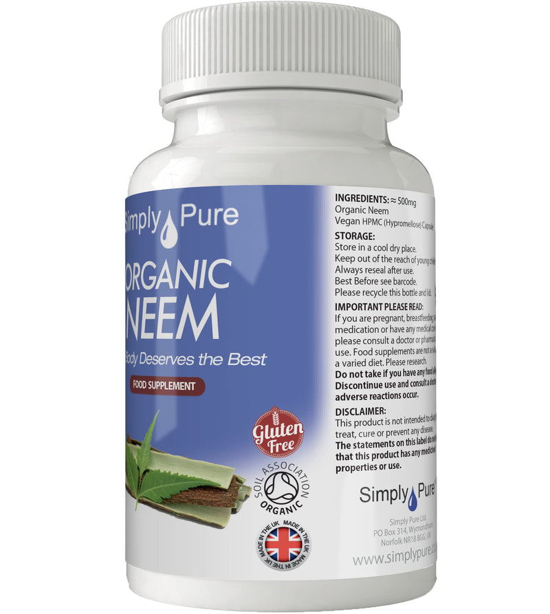 Simply Pure Organic Vegan Neem Capsules x 90, 500mg, 100% Natural Soil Association Certified, Gluten Free and GM Free. - BeesActive Australia