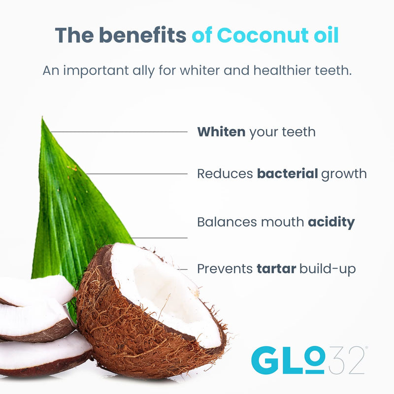 GLO32 - Advanced Teeth Whitening System - 28 Teeth Whitening Strips + 1 Teeth Whitening Pen - Gentle Teeth Stain Remover - with Coconut Oil - Effective in 20min - Vegan Cruelty Free - Peroxide Free - BeesActive Australia