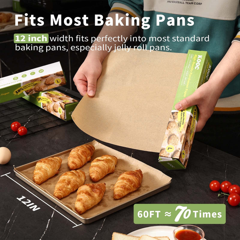 KOOC Premium 60-Feet Parchment Paper Roll - 12-Inch Width, Non-Stick, Unbleached Baking Paper - Ideal for Baking, Cooking, and Food Preparation - 60 Square Feet Coverage - Compostable, High Density 12 in x 60 ft L (12-Inch Width) - BeesActive Australia