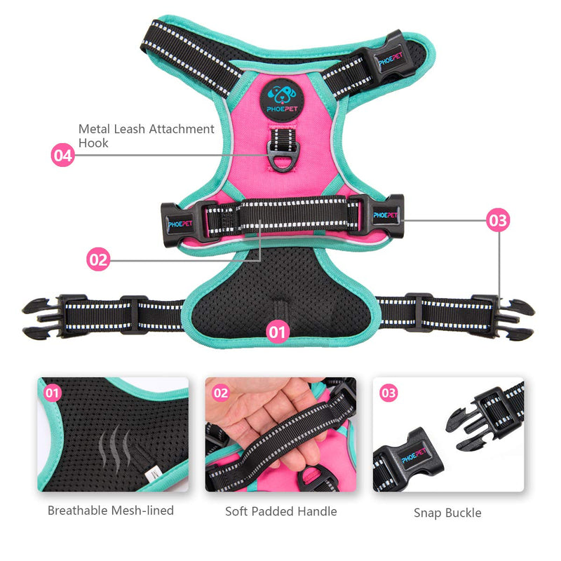 PHOEPET Upgraded No Pull Dog Harness, Reflective Adjustable Vest, with a Training Handle + 2 Metal Leash Hooks+ 3 Snap Buckles +4 Slide Buckles Pink Size: L - BeesActive Australia