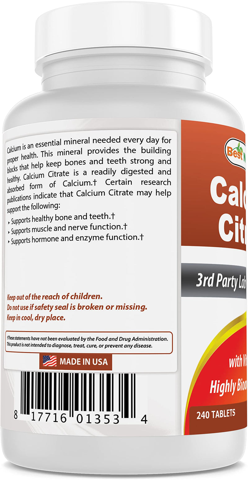 Best Naturals Calcium Citrate with Vitamin D-3 240 Tablets (240 Count (Pack of 1)) 240 Count (Pack of 1) - BeesActive Australia
