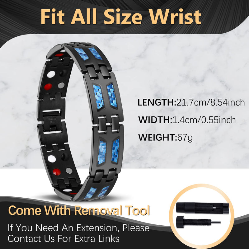 Jeracol Blue Carbon Fiber Titanium Steel Magnetic Bracelet for Men, 4 Element Double Row Strong Magnets,Size Adjustable Brazaletes Wristband with Removal Tool&Gift Box,Gift for Boyfriend Father's Day - BeesActive Australia