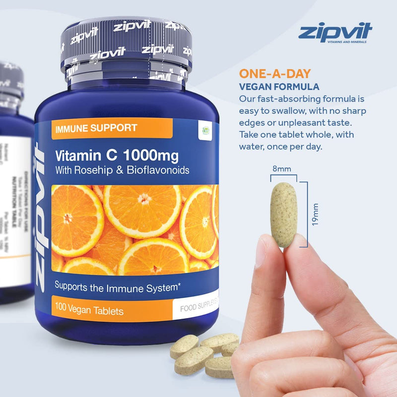 Vitamin C 1000mg with Bioflavonoids, 100 Vegan Tablets. Supports The Immune System. Contributes to a Reduction in Tiredness and Fatigue. 100 Tablet Jar - BeesActive Australia