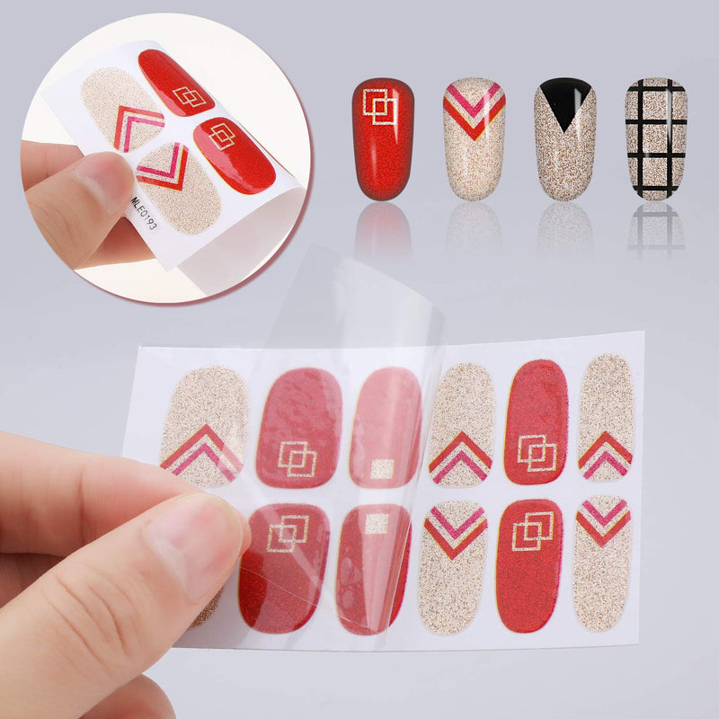 MWOOT 16 Sheets Full Wraps Nail Stickers,Self-Adhesive Nail Polish Stickers Red Grid Pattern Glittery Nail Art Decal Strips Kits with Nail File - BeesActive Australia