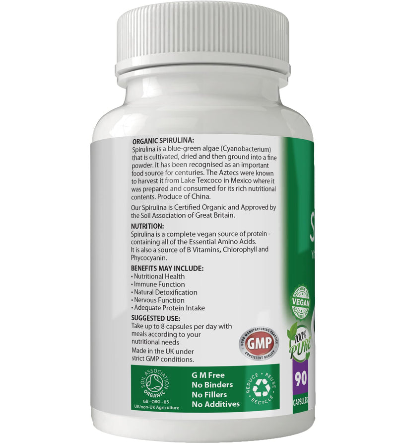 Simply Pure Organic Spirulina Capsules x 90, 100% Natural Soil Association Certified, 500mg, Gluten Free, GM Free and Vegan. - BeesActive Australia