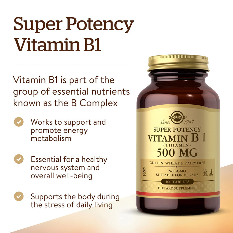 Solgar Vitamin B1 (Thiamin) 500 mg Tablets - Pack of 100 - Supports Energy Metabolism and Nervous System - Vegan - BeesActive Australia