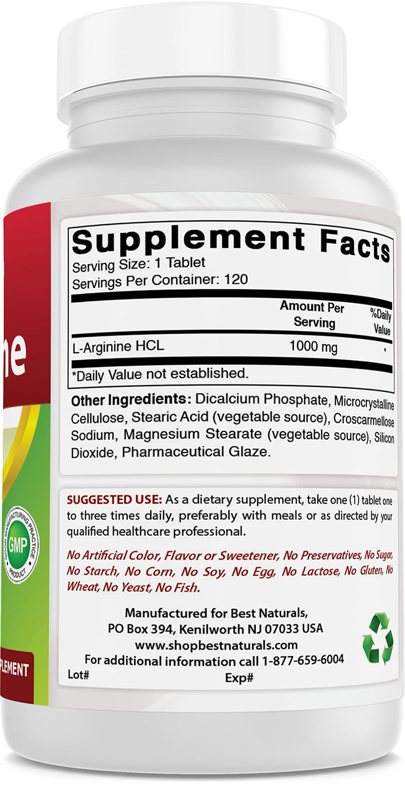 Best Naturals L-Arginine 1000 mg 120 Tablets - Pharmaceutical Grade L Arginine Supplement Promotes Nitric Oxide Synthesis 120 Count (Pack of 1) - BeesActive Australia