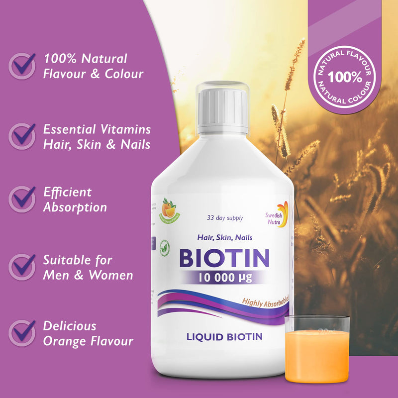 Swedish Nutra Liquid Biotin - Pack of 500ml, 33 Day Supply | Orange Flavour Biotin for Healthy Hair Clear Skin & Strong Nails | Contains Vitamin C & 100% Natural Flavour | High Absorption Rate - BeesActive Australia