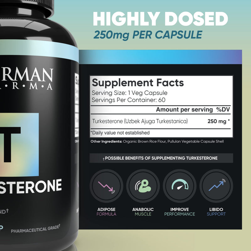 German Pharma Turkesterone | Ajuga Turkestanica 250mg Dose | 60 Vegetable Capsules, 2 Per Day | Increase Strength + Build Lean Muscle | 100% Vegan | - BeesActive Australia
