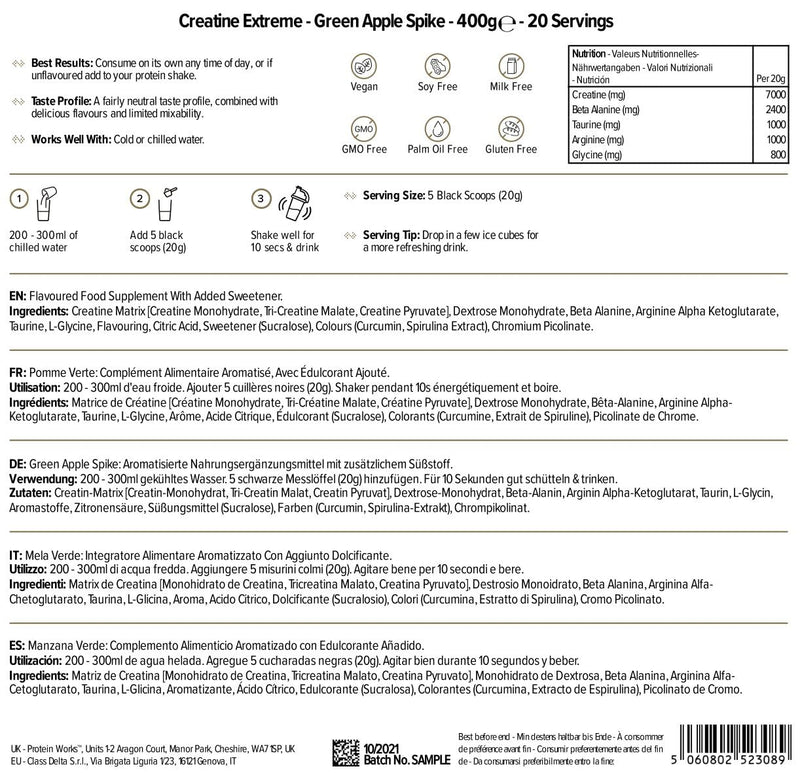 Protein Works - Creatine Extreme Powder, Creatine Formula, Premium Grade Supplement For Lean Muscle Growth, With Beta Analine, Green Apple Spike, 400 g - BeesActive Australia